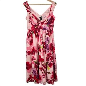 H&M Floral Fit-And-Flare Midi Dress, White/Pink/Red, Size 6